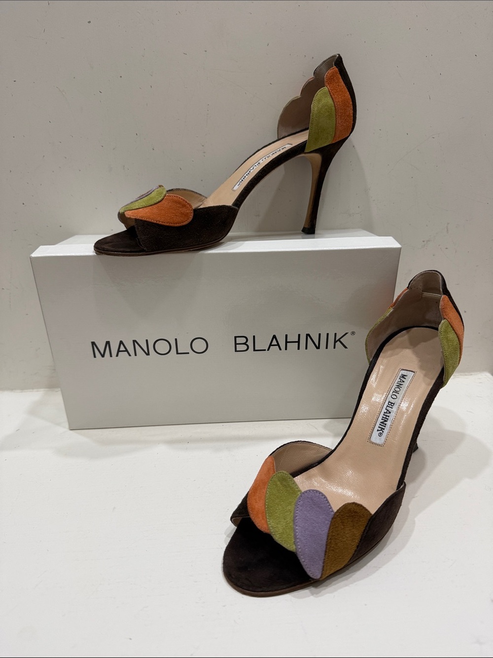 Authentic Manolo Blahnik Brown Suede D'Orsay Pump with Multicolor Petal Accents